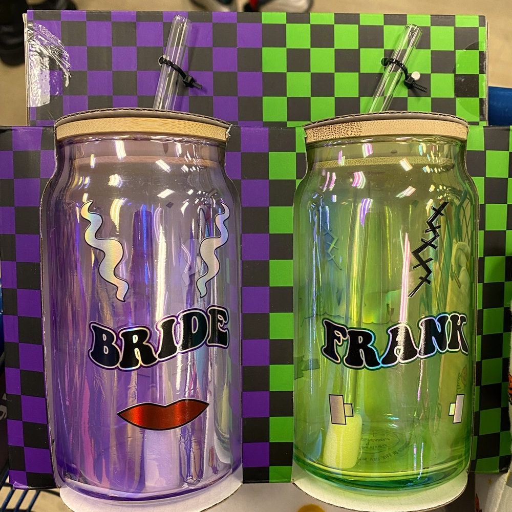Cobwebs and Cauldrons Frank and Bride Glass Sippers Tumblers💋 NWT